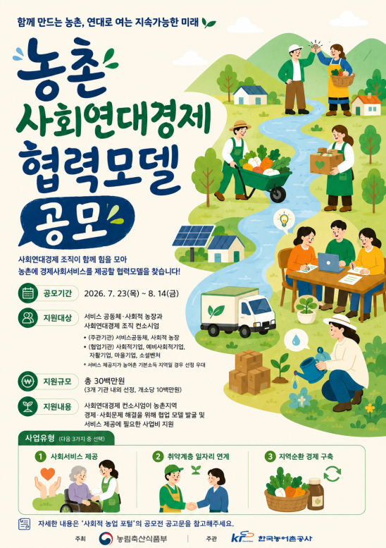 농식품부, 농촌 사회연대경제 서비스 협력모델 공모…사회적기업·마을기업 등 참여조직 모집