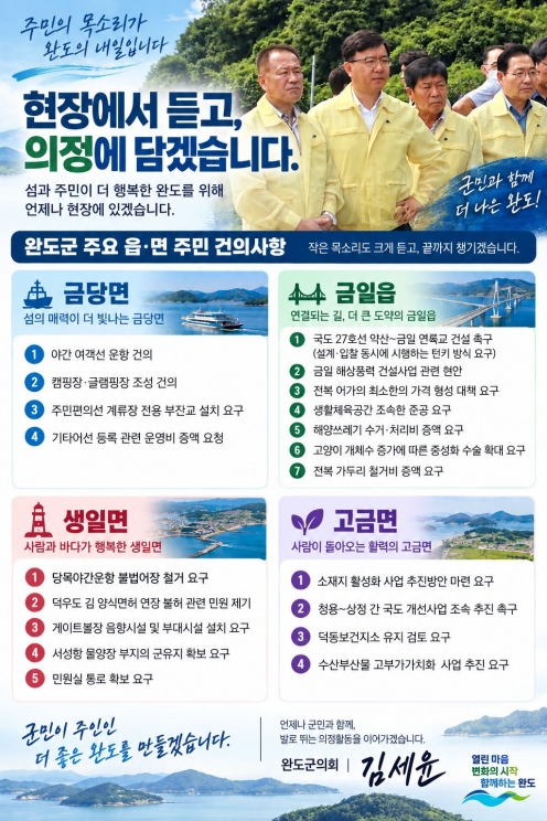 김세윤 완도군의원, 12개 읍·면 현장 점검…“주민 목소리 의정에 담겠다”
