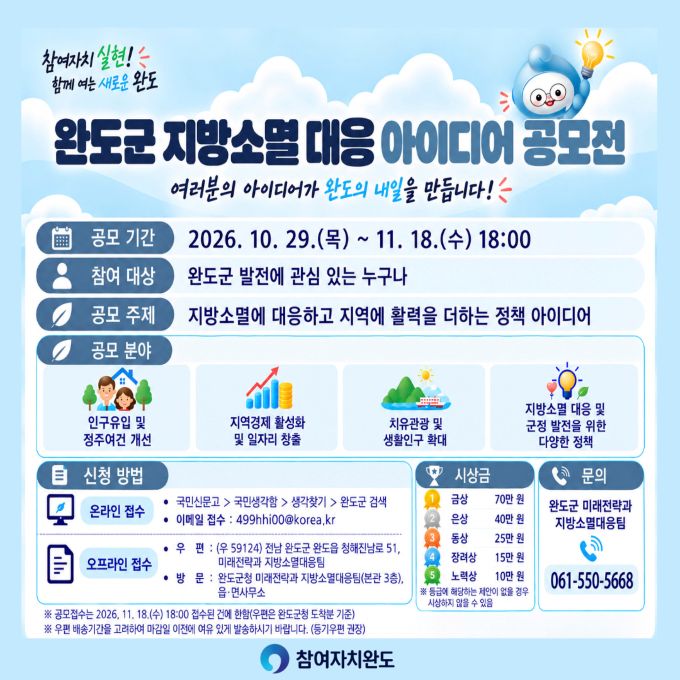 완도군, 지방소멸 대응 아이디어 공모전 개최…11월 18일까지 접수