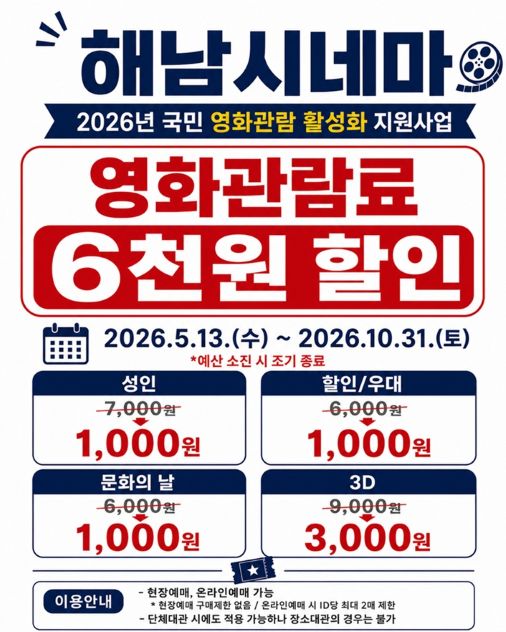 해남시네마 영화 1,000원 관람…해남군 “군민 문화생활 활성화 기대”