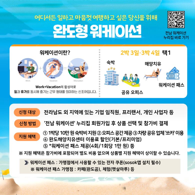 완도형 워케이션 참가자 모집… 3박 시 최대 30만 원 지원, 해양치유·숙박 혜택까지