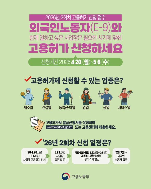 외국인노동자(E-9) 고용허가 신청 시작…중소기업 인력난 해소 기회 확대