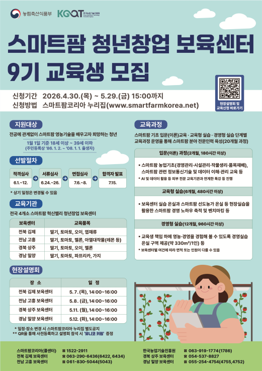 스마트팜 청년창업 보육센터 9기 모집…농식품부, 4월 30일 접수 시작